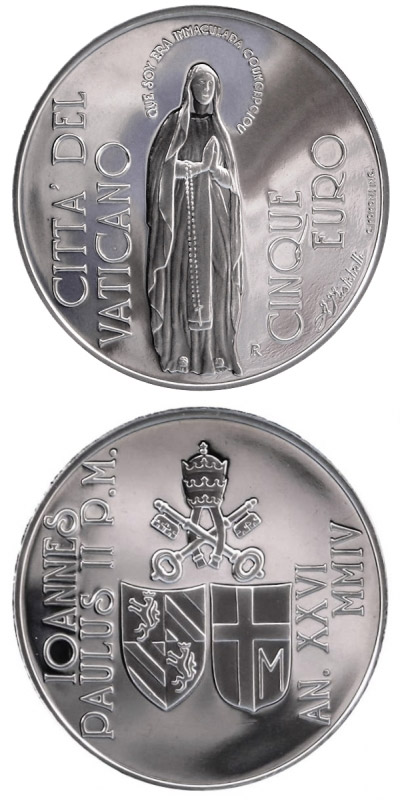 Image of 5 euro coin - 150th Anniv. of the Proclamation of the  Dogma of the Immaculate Conception | Vatican City 2004.  The Silver coin is of Proof quality.