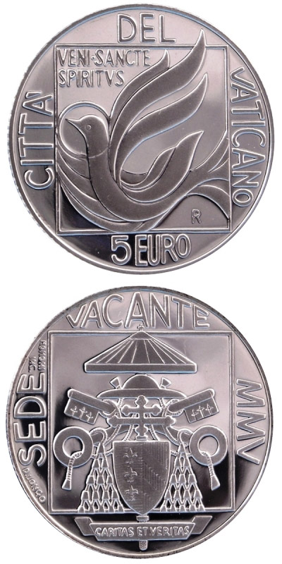 Image of 5 euro coin - Sede Vacante  | Vatican City 2005.  The Silver coin is of Proof quality.