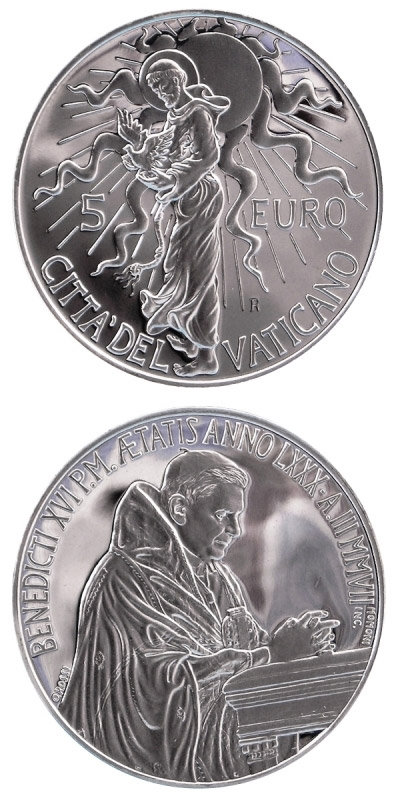 Image of 5 euro coin - 40th World Day of Peace | Vatican City 2007.  The Silver coin is of Proof quality.