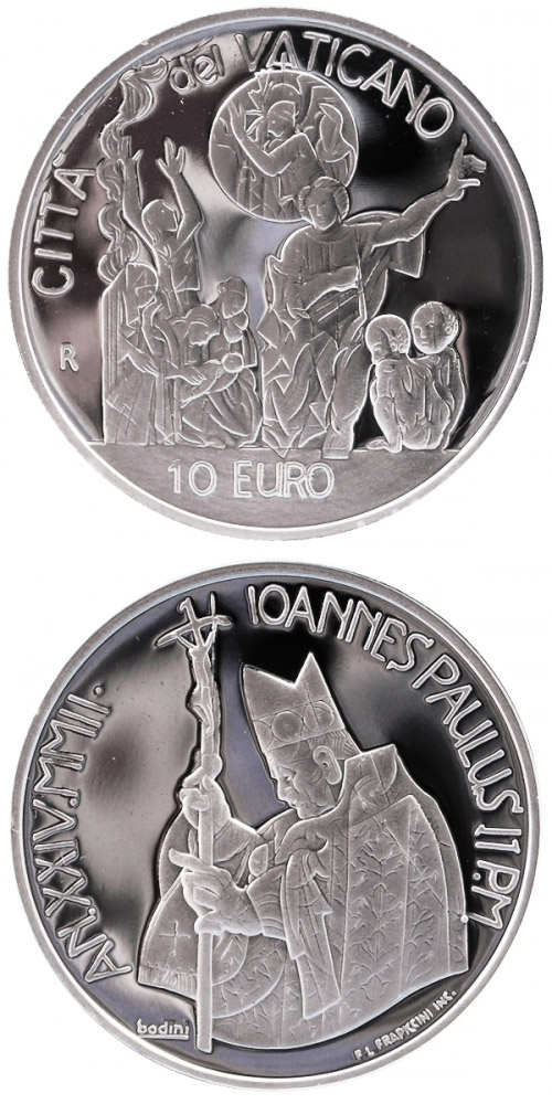 Image of 10 euro coin - 35th World Day of Peace  | Vatican City 2002.  The Silver coin is of Proof quality.