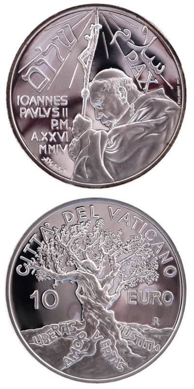 Image of 10 euro coin - 37th World Day of Peace  | Vatican City 2004.  The Silver coin is of Proof quality.