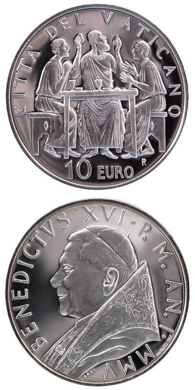 Image of 10 euro coin - Year of the Eucharist  | Vatican City 2005.  The Silver coin is of Proof quality.