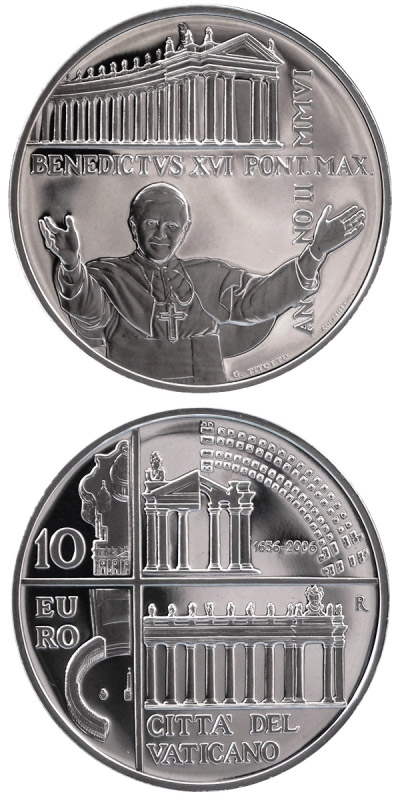 Image of 10 euro coin - 350 years colonnades in St. Peter's Square in Rome  | Vatican City 2006.  The Silver coin is of Proof quality.
