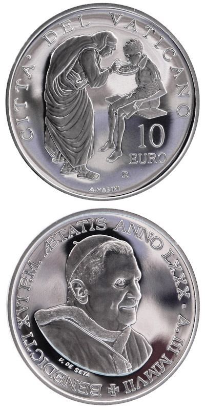 Image of 10 euro coin - 81st World Mission Day  | Vatican City 2007.  The Silver coin is of Proof quality.