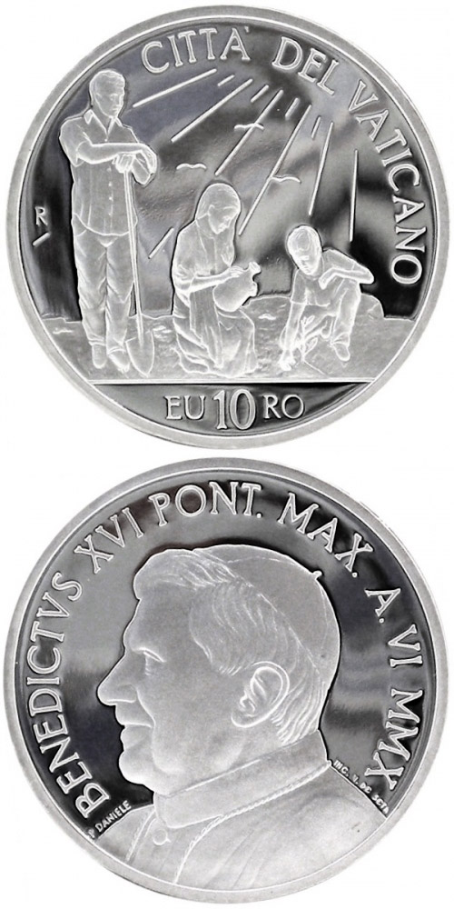 Image of 10 euro coin - 43rd World Day of Peace  | Vatican City 2010.  The Silver coin is of Proof quality.