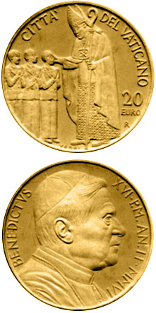 Image of 20 euro coin - The Sacraments of Christian Initiation - Confirmation  | Vatican City 2006.  The Gold coin is of Proof quality.