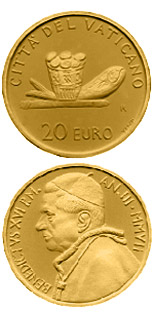 Image of 20 euro coin - The Sacraments of Christian Initiation - The Eucharist  | Vatican City 2007.  The Gold coin is of Proof quality.