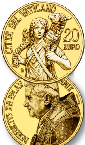 Image of 20 euro coin - Masterpieces of Sculpture - The Good Shepherd - Laocoon group  | Vatican City 2009.  The Gold coin is of Proof quality.