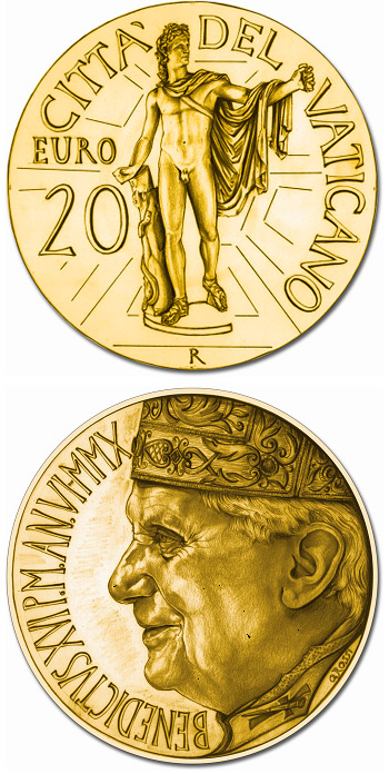 Image of 20 euro coin - Masterpieces of Sculpture – Apollo of Belvedere and Augustus of Prima Porta | Vatican City 2010.  The Gold coin is of Proof quality.