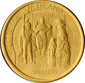Image of 50 euro coin - Moses Birth - The Ten Commandments  | Vatican City 2003.  The Gold coin is of Proof quality.