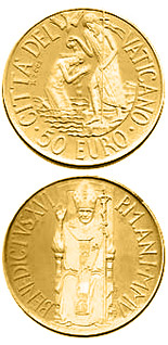 Image of 50 euro coin - The Sacraments of Christian Initiation - Baptism  | Vatican City 2005.  The Gold coin is of Proof quality.