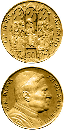 Image of 50 euro coin - The Sacraments of Christian Initiation - Confirmation  | Vatican City 2006.  The Gold coin is of Proof quality.