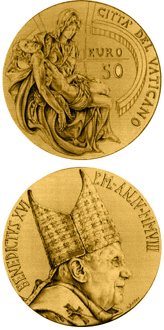 Image of 50 euro coin - Masterpieces of Sculpture - Torso of Belvedere - The Pieta by Michelangelo  | Vatican City 2008.  The Gold coin is of Proof quality.