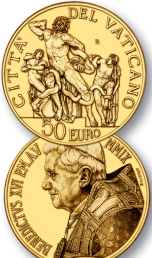 Image of 50 euro coin - Masterpieces of Sculpture - The Good Shepherd - Laocoon group  | Vatican City 2009.  The Gold coin is of Proof quality.