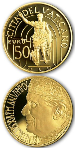 Image of 50 euro coin - Masterpieces of Sculpture – Apollo of Belvedere and Augustus of Prima Porta | Vatican City 2010.  The Gold coin is of Proof quality.