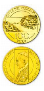 Image of 100 euro coin - The Sistine Chapel - The Creation of Man  | Vatican City 2008.  The Gold coin is of Proof quality.