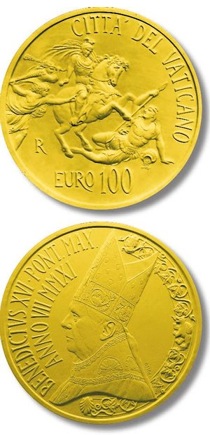 Image of 100 euro coin - The Stanze of Raphael - The Room of Heliodorus | Vatican City 2011.  The Gold coin is of Proof quality.