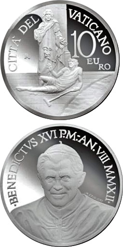Image of 10 euro coin - 20th World Day of the Sick  | Vatican City 2012.  The Silver coin is of Proof quality.