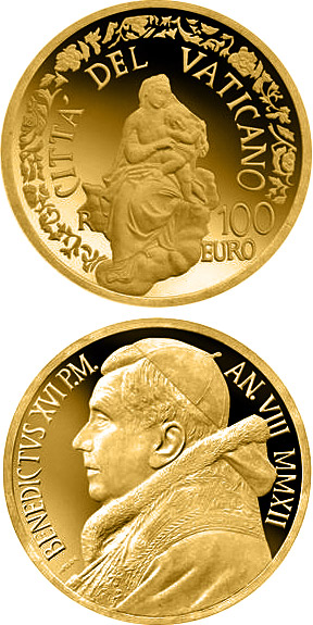 Image of 100 euro coin - The Madonna of Foligno  | Vatican City 2012.  The Gold coin is of Proof quality.