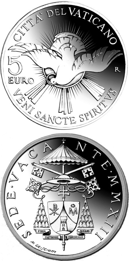 Image of 5 euro coin - Sede Vacante MMXIII | Vatican City 2013.  The Silver coin is of Proof quality.