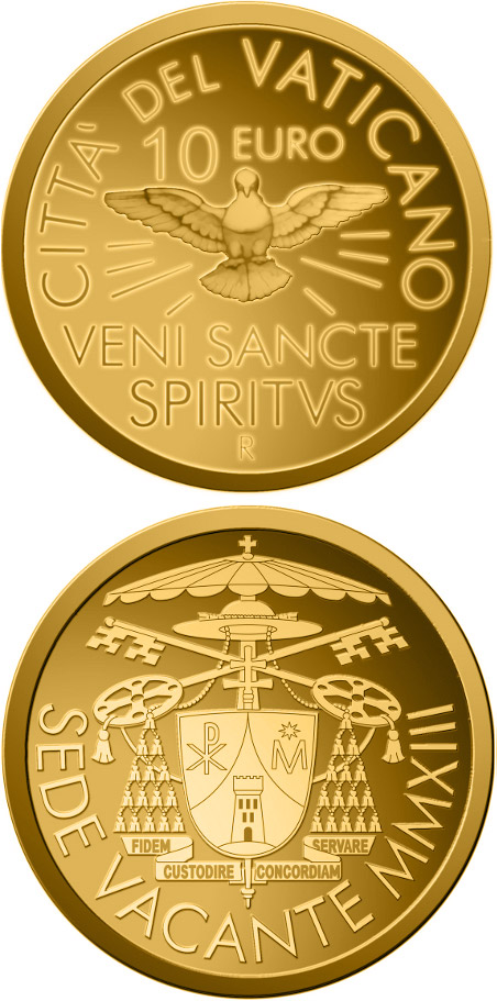 Image of 10 euro coin - Sede Vacante MMXIII | Vatican City 2013.  The Gold coin is of Proof quality.
