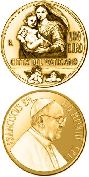 Image of 100 euro coin - The Sistine Madonna | Vatican City 2013.  The Gold coin is of Proof quality.