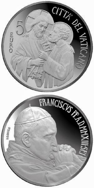 Image of 5 euro coin - Beginning of the Pontificate of Pope Francis | Vatican City 2013.  The Silver coin is of Proof quality.
