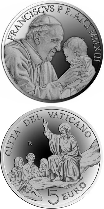 Image of 5 euro coin - Pontificate of Pope Francis | Vatican City 2013.  The Silver coin is of Proof quality.