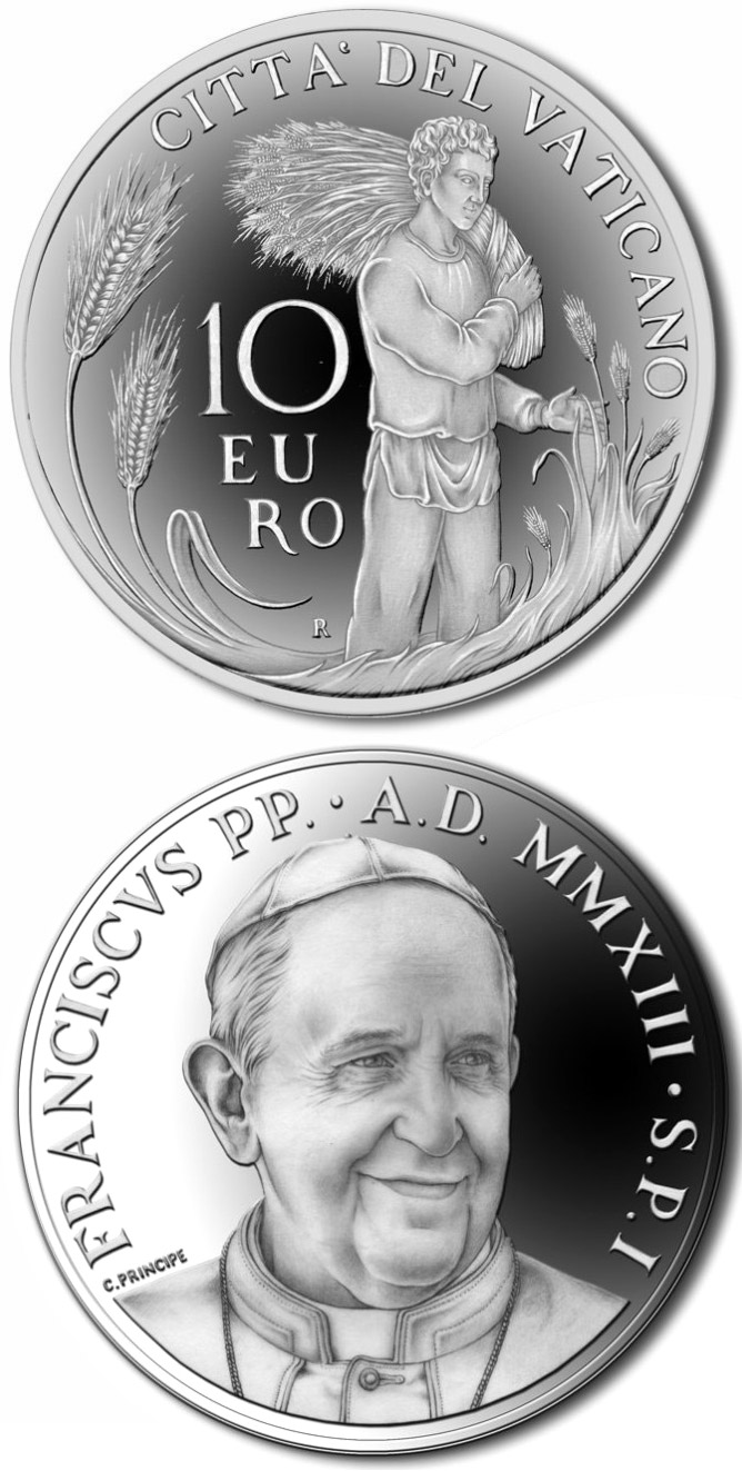 Image of 10 euro coin - Pontificate of Pope Francis | Vatican City 2013.  The Silver coin is of Proof quality.