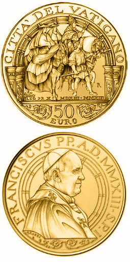 Image of 50 euro coin - Pontificate of Pope Francis | Vatican City 2013.  The Gold coin is of Proof quality.