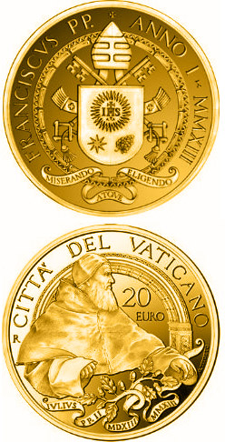 Image of 20 euro coin - Pontificate of Pope Francis | Vatican City 2013.  The Gold coin is of Proof quality.