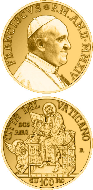 Image of 100 euro coin - The Evangelists: Saint Mark | Vatican City 2014.  The Gold coin is of Proof quality.