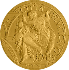 Image of 50 euro coin - 450th Anniversary of the Death of Michelangelo | Vatican City 2014.  The Gold coin is of Proof quality.