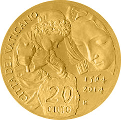 Image of 20 euro coin - 450th Anniversary of the Death of Michelangelo  | Vatican City 2014.  The Gold coin is of Proof quality.