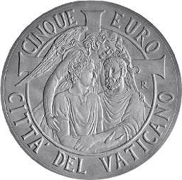 Image of 5 euro coin - 47th World Day of Peace  | Vatican City 2014.  The Silver coin is of Proof quality.