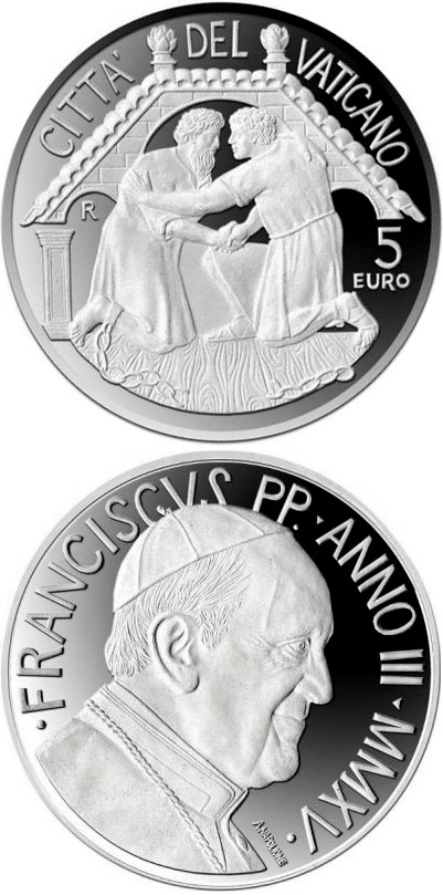 Image of 5 euro coin - Family and Evangelization | Vatican City 2015.  The Silver coin is of Proof quality.