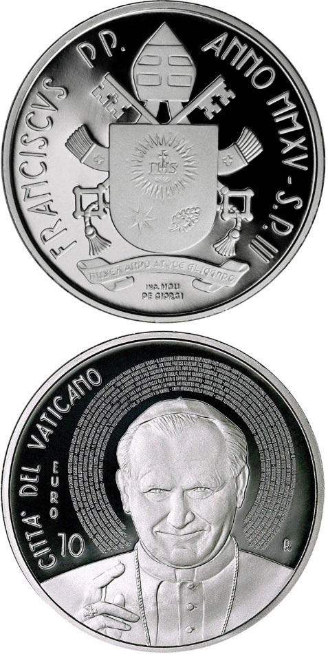 Image of 10 euro coin - 10th Anniversary of the Death of St. John Paul II | Vatican City 2015.  The Silver coin is of Proof quality.