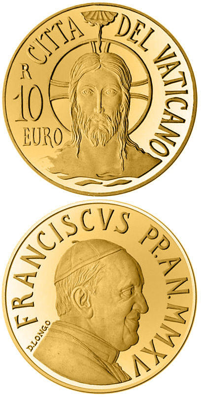 Image of 10 euro coin - Baptism - MMXV | Vatican City 2015.  The Gold coin is of Proof quality.
