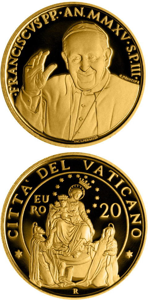 Image of 20 euro coin - Pontifical Shrine of the Blessed Virgin of the Rosary of Pompeii | Vatican City 2015.  The Gold coin is of Proof quality.