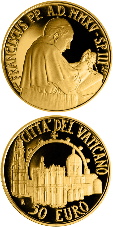 Image of 50 euro coin - Pontifical Shrine of the Blessed Virgin of the Rosary of Pompeii | Vatican City 2015.  The Gold coin is of Proof quality.