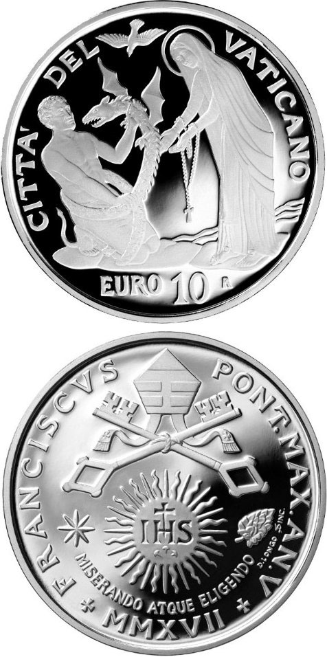 Image of 10 euro coin - 25th World Day of the Sick | Vatican City 2017.  The Silver coin is of Proof quality.