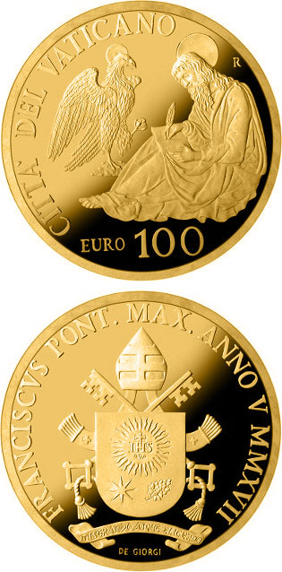 Image of 100 euro coin - The Evangelists: Saint John | Vatican City 2017.  The Gold coin is of Proof quality.
