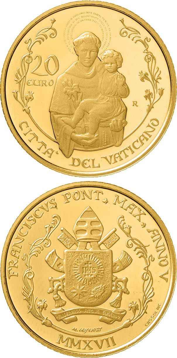 Image of 20 euro coin - Pontifical Basilica of Saint Anthony of Padua | Vatican City 2017.  The Gold coin is of Proof quality.