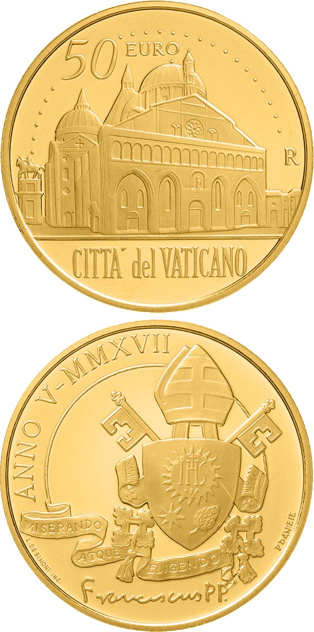 Image of 50 euro coin - Pontifical Basilica of Saint Anthony of Padua  | Vatican City 2017.  The Gold coin is of Proof quality.