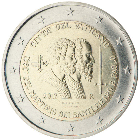 Image of 2 euro coin - 1950th Anniversary of the Martyrdom of Saint Peter and Saint Paul | Vatican City 2017