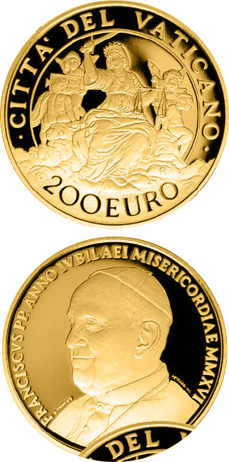 Image of 200 euro coin - The Cardinal Virtues: Justice | Vatican City 2016.  The Gold coin is of Proof quality.
