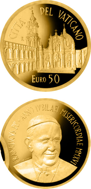 Image of 50 euro coin - Papal sanctuary of the Holy House of Loreto | Vatican City 2016.  The Gold coin is of Proof quality.