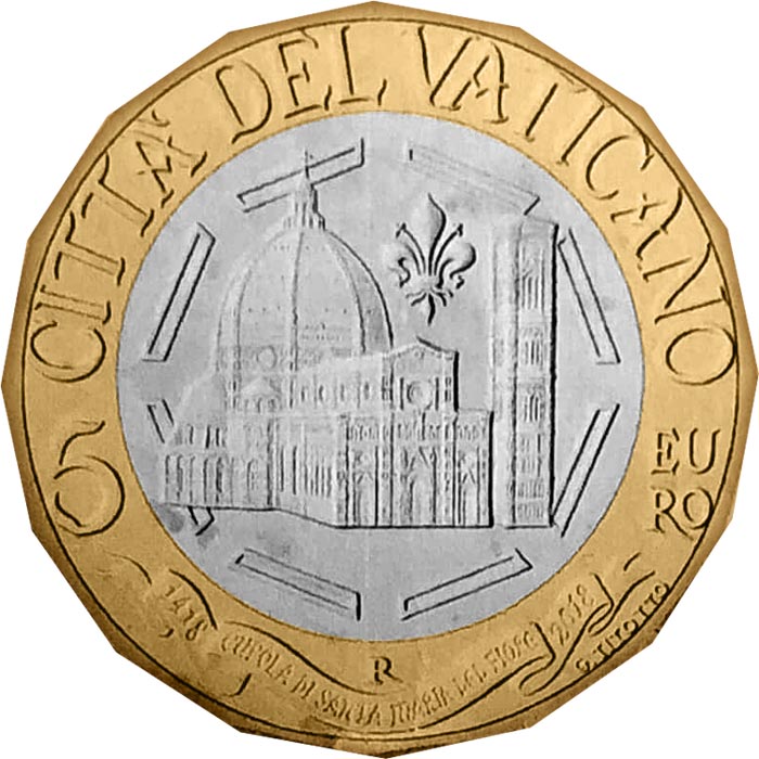 Image of 5 euro coin - 600th Anniversary of the Dome of Santa Maria del Fiore | Vatican City 2018.  The Bimetal: CuNi, nordic gold coin is of BU quality.