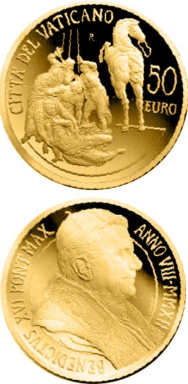 Image of 50 euro coin - Restoration of the Pauline Chapel - The Conversion of Paul  | Vatican City 2012.  The Gold coin is of Proof quality.