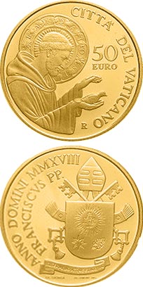 Image of 50 euro coin - Papa Francisco Year MMXVIII  | Vatican City 2018.  The Gold coin is of Proof quality.